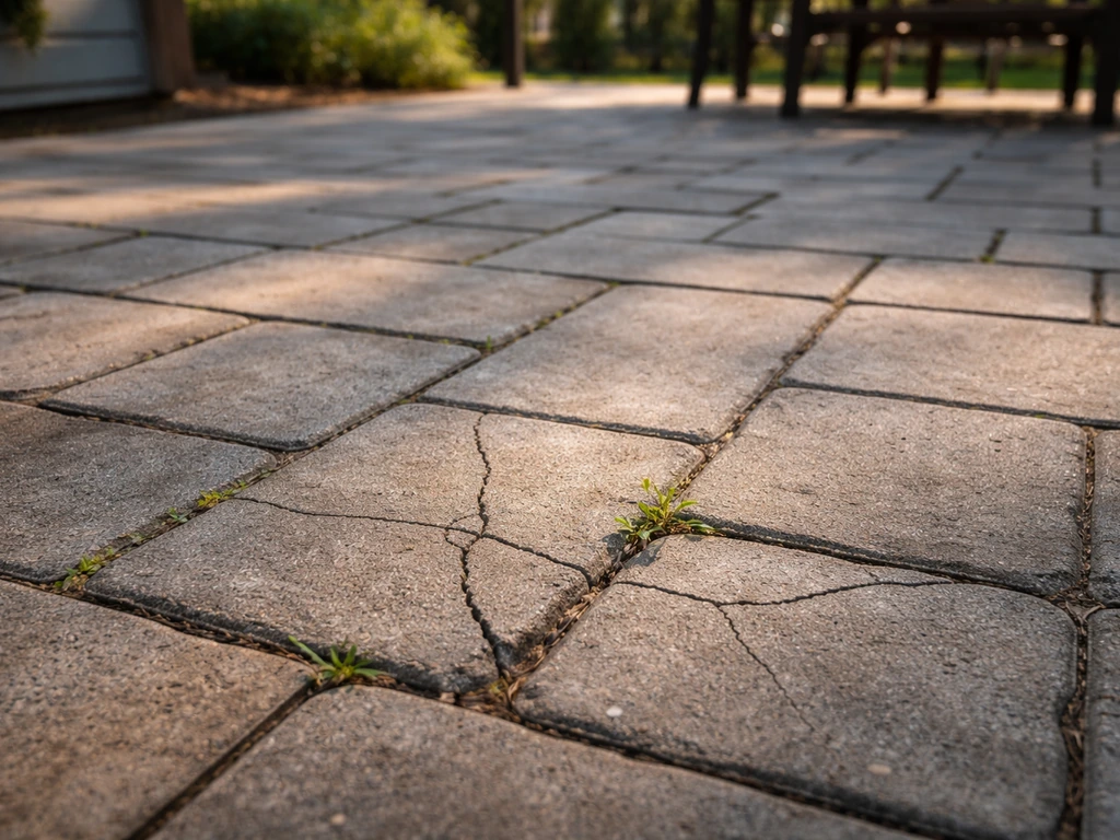 Close-up of a patio paving surface showing a few cracked pavers and gaps beside intact stones