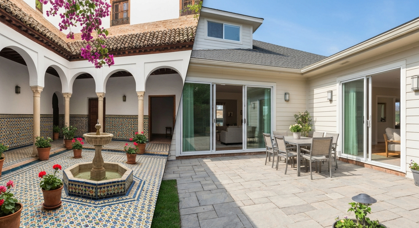 Split-scene image: left, traditional Andalusian courtyard with fountain and tiled floor; right, modern suburban paved patio with outdoor dining set and sliding doors.