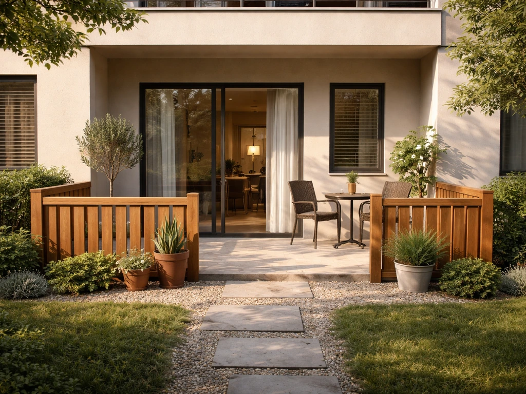 Ground-floor patio apartment exterior with a sliding patio door and a private patio with potted plants.