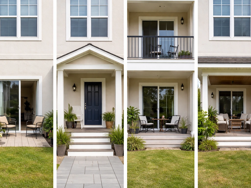 Side-by-side view of patio apartment, porch, balcony, and covered terrace with natural light.