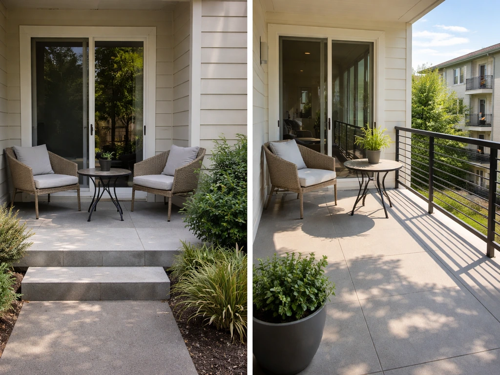Side-by-side ground patio and elevated balcony with a guardrail, showing different light and elevation.