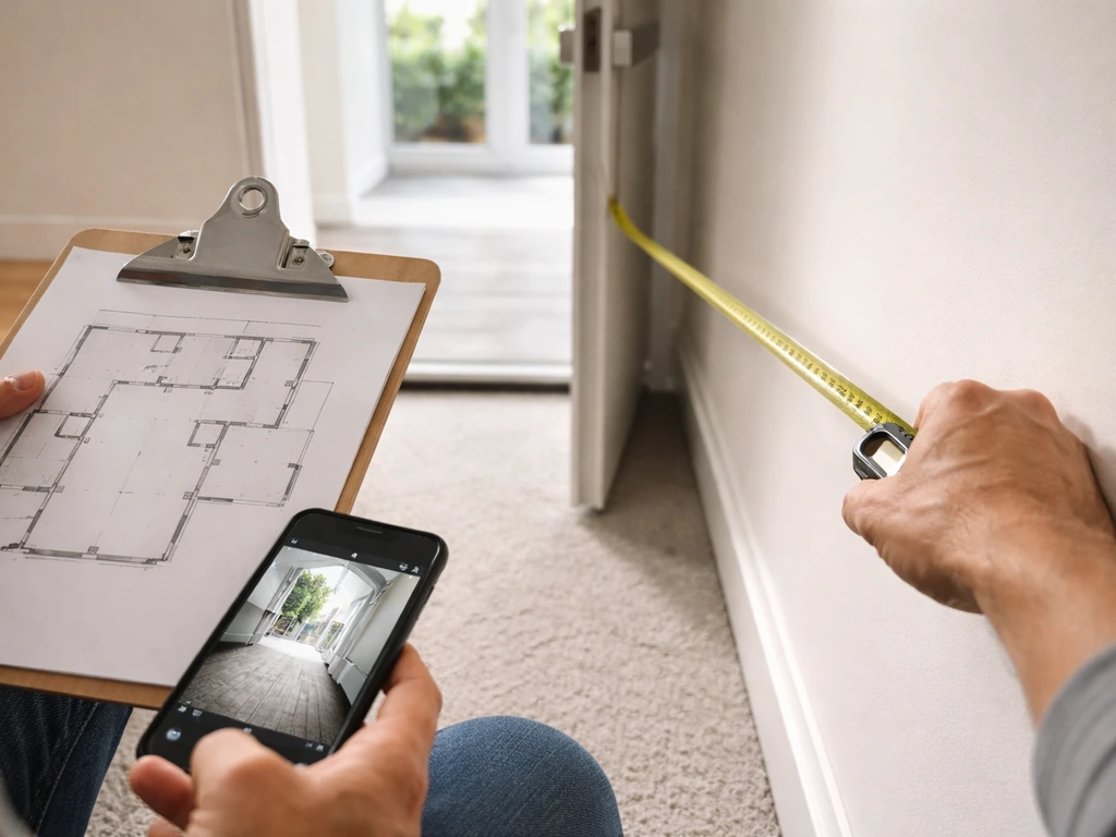 Person using measuring tape and phone camera to inspect a patio apartment floorplan on a clipboard.