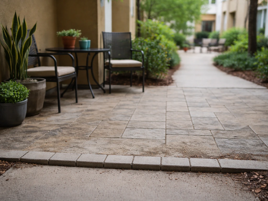 Unclear patio boundary with no fence, blending into communal walkway; a subtle ground edge marks where privacy should be