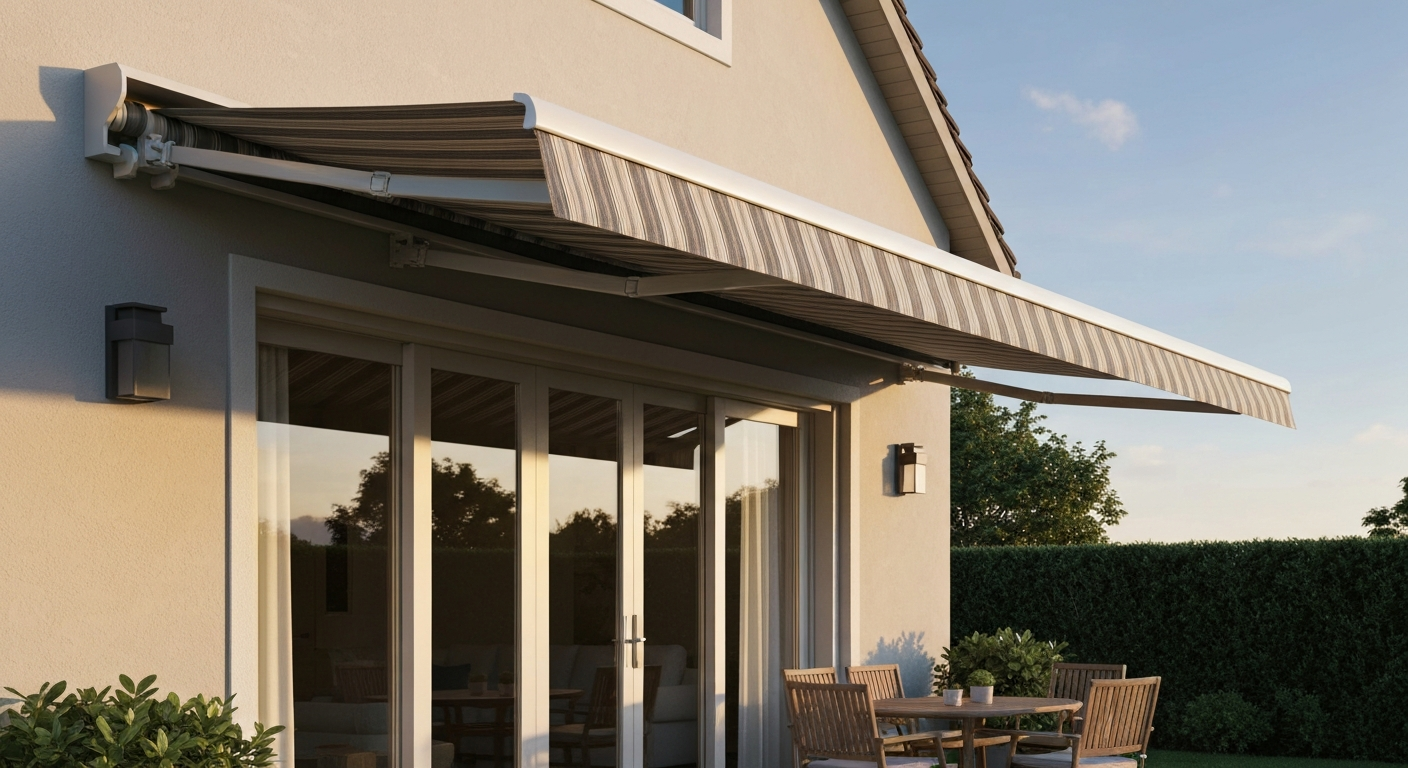 Retractable patio awning extended over a home's patio, showing fabric canopy, cassette housing, articulated arms, and shaded outdoor furniture.