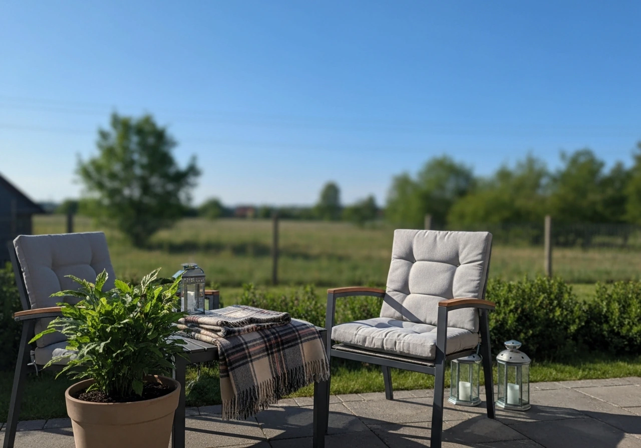 Sunlit backyard patio with cozy outdoor seating, ready for patio season under clear skies.