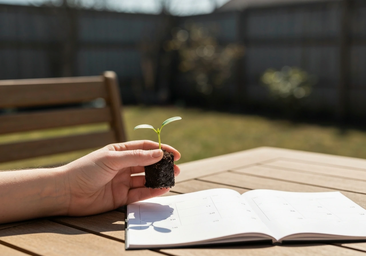 Minimal photo of a hand holding a seedling beside a calendar page in soft spring light