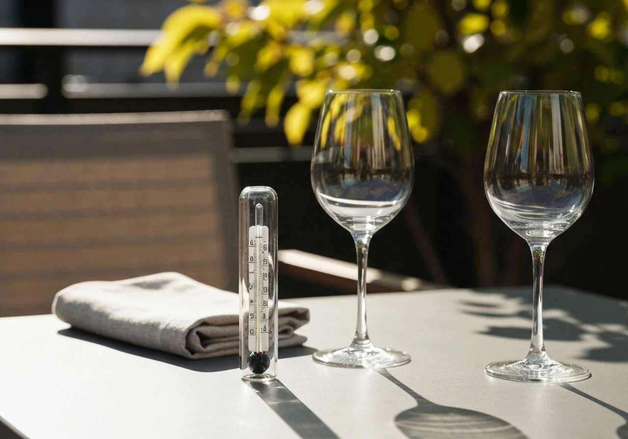 Sunlit patio table with a glass thermometer showing comfortable mid-range temperature near 70°F