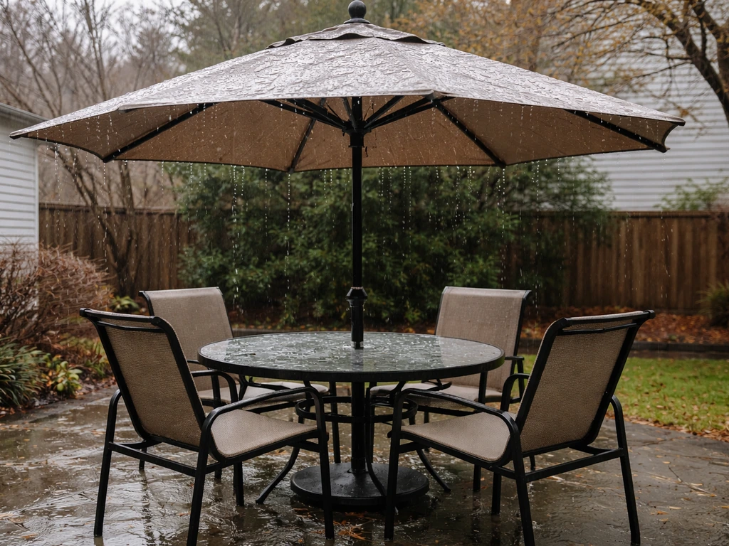 Wet wind-and-rain patio umbrella deployed over a patio table during a rainy shoulder season.