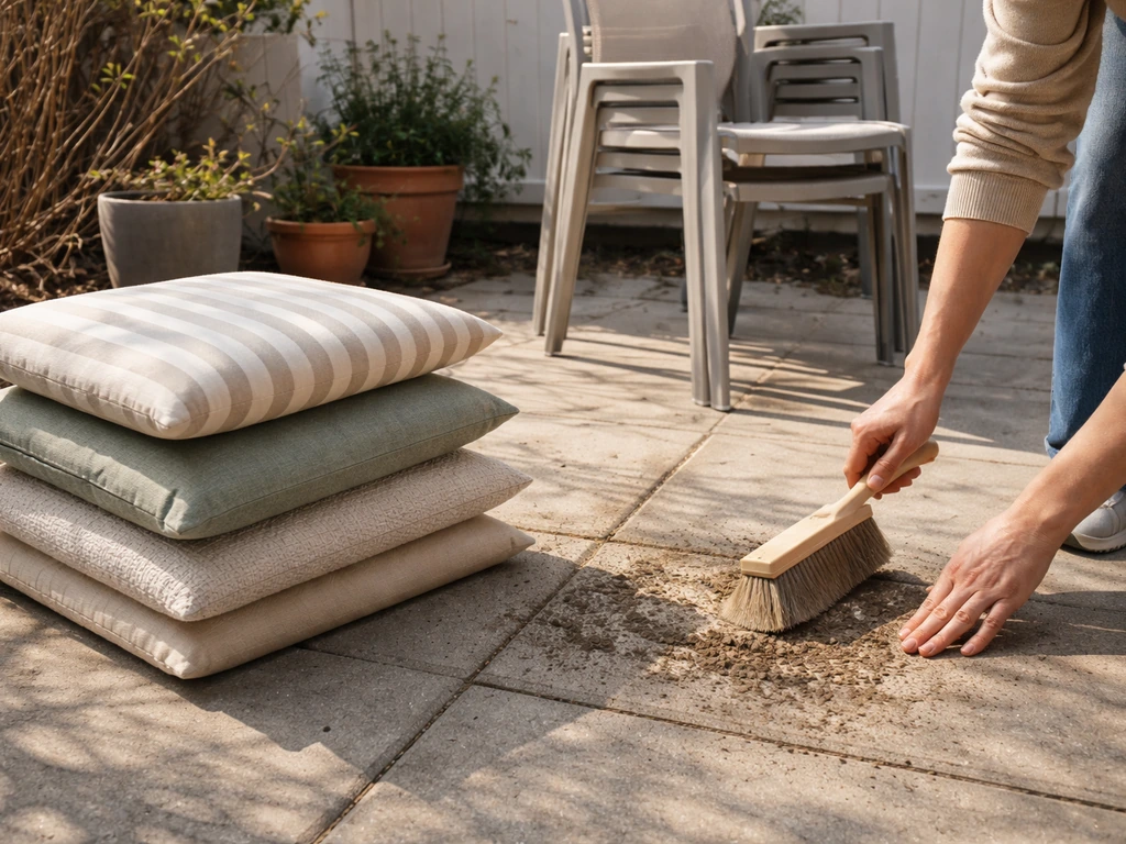 Hands brush winter grime off patio pavers while cushions and outdoor seating are moved back in spring.