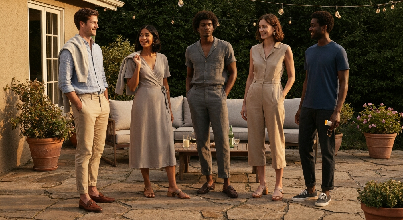 Group of well-dressed people on a stone patio at golden hour, wearing smart-casual outfits and practical shoes, with a visible mid layer and tote.