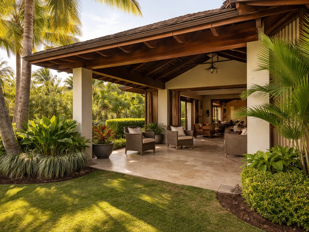 Lanai veranda on a Hawaiian home exterior with open sides and roof, surrounded by lush tropical greenery.