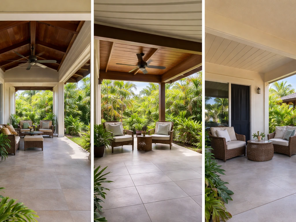 Three side-by-side Hawaiian outdoor spaces, with the middle lanai as a roofed open-sided veranda.