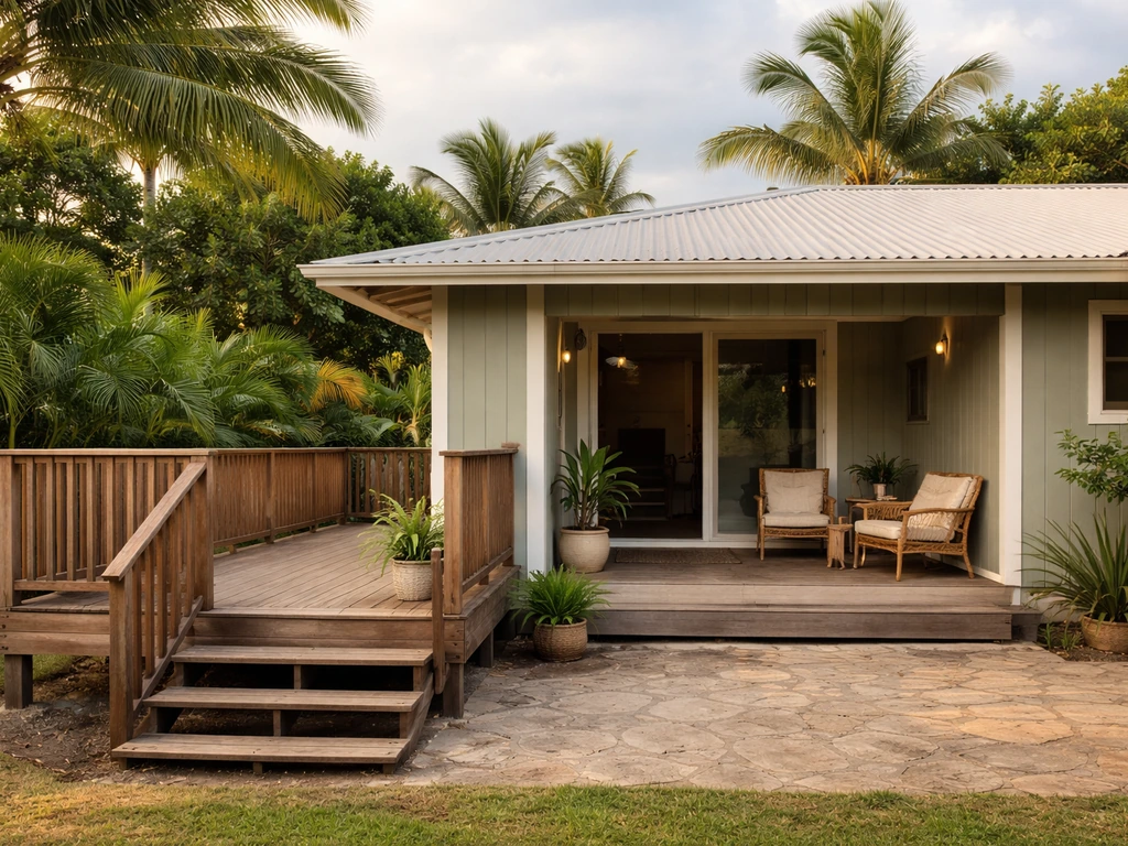 Wood deck and covered veranda on a Hawaiian home with greenery in warm natural light.