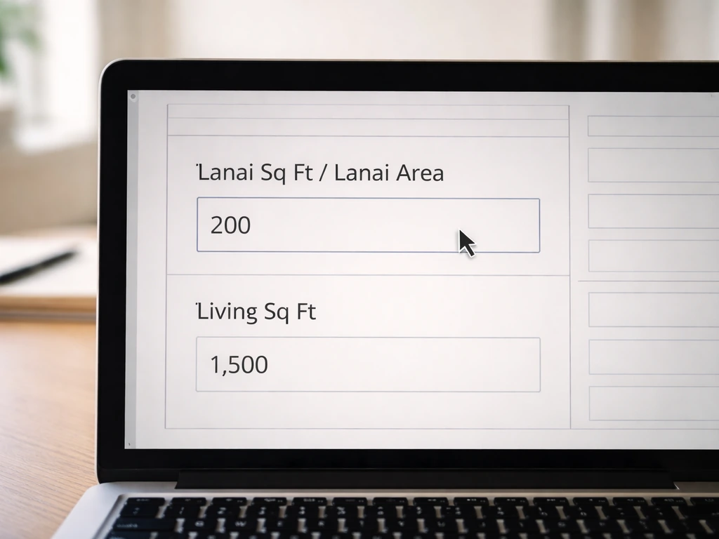 Mock MLS listing page showing separate Lanai Sq Ft and Living Sq Ft fields in a realistic screenshot.