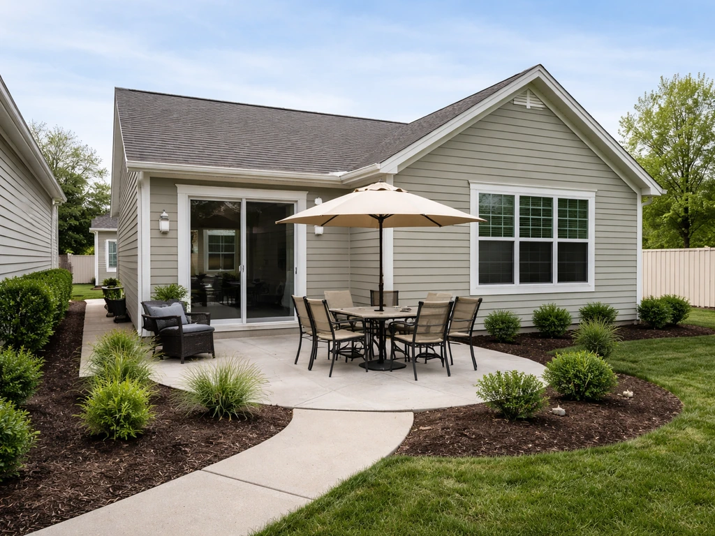 Exterior of a ground-level Ohio patio home with a connected patio and shared-property context