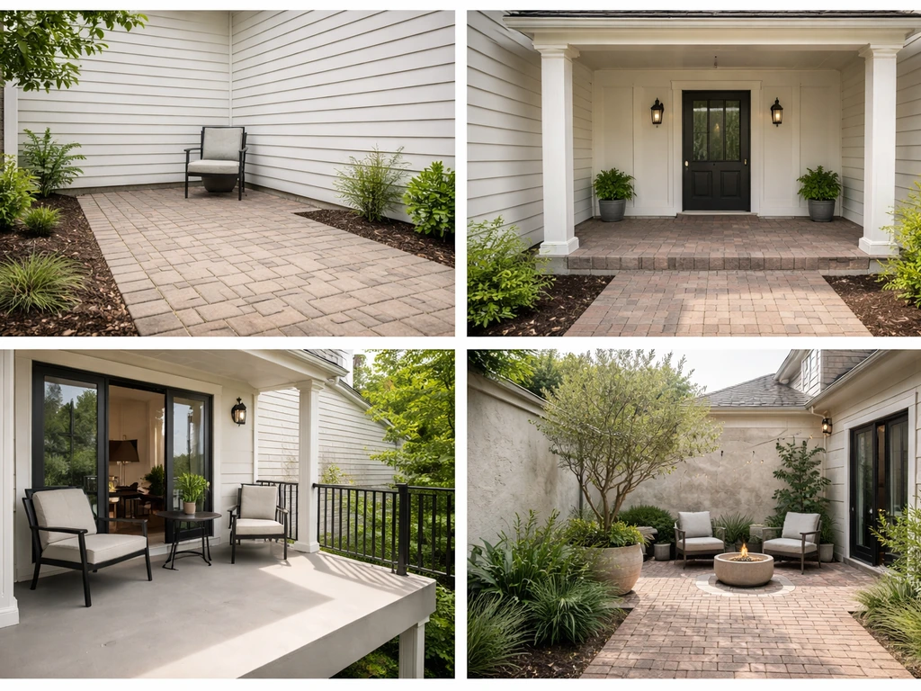 Side-by-side view of a patio, covered porch, upper balcony, and enclosed courtyard with realistic outdoor materials.