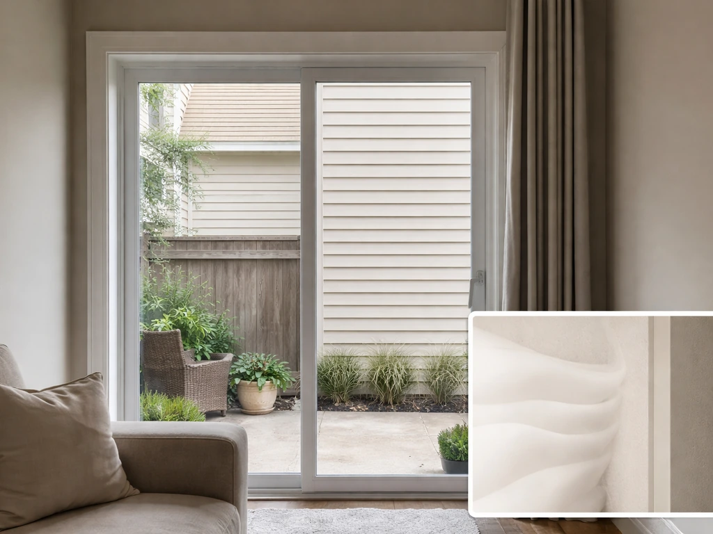 View toward a shared-wall area and adjacent patio fence, with a subtle sound-privacy insulation inset.