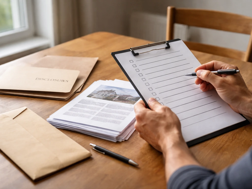 Person reviewing a real-estate checklist and disclosure documents on a dining table
