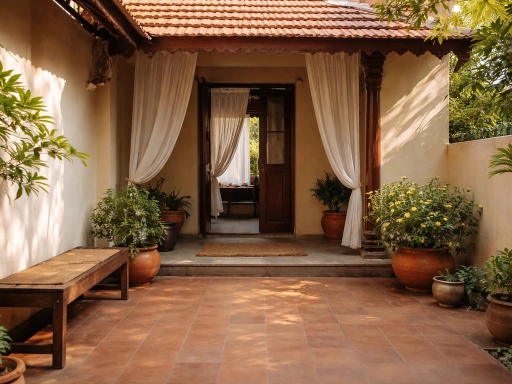 Sunlit Indian home courtyard patio with potted plants and simple seating in an open angaan space.