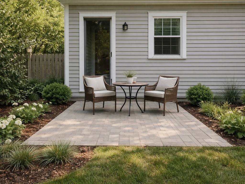 Ground-level stone-paver patio beside a home with simple outdoor dining seating