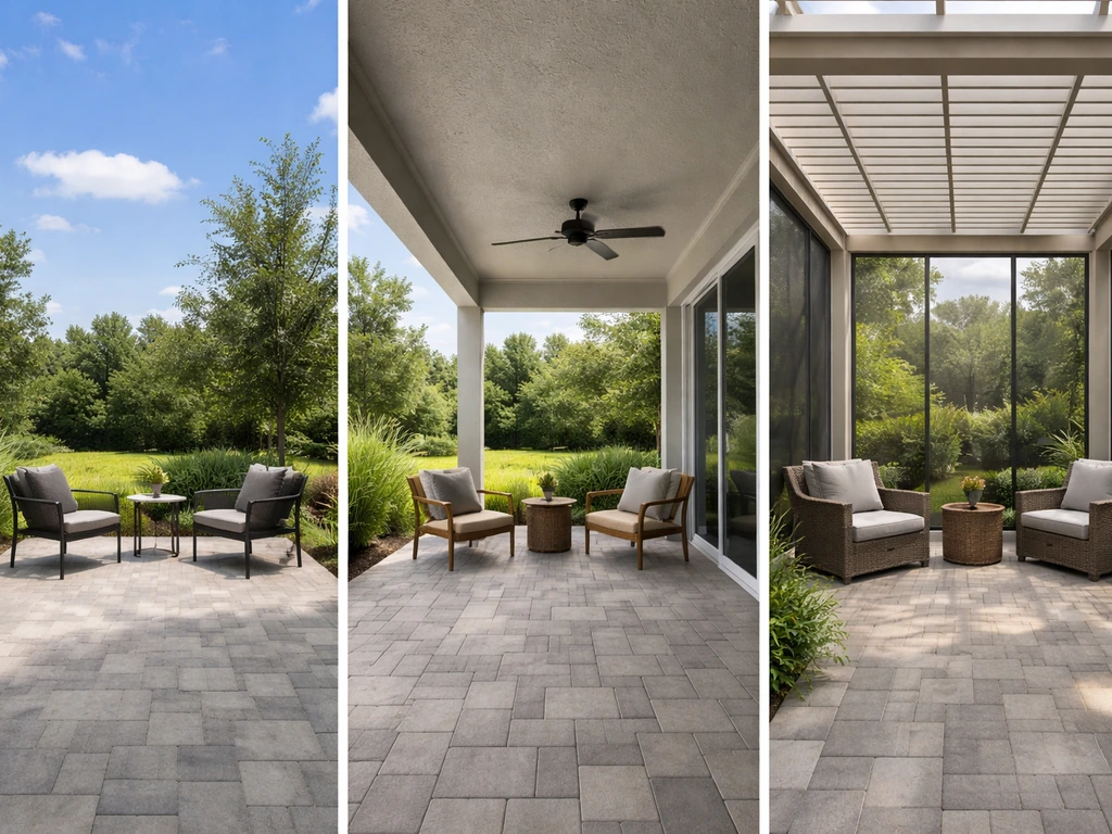 Three neighboring patios showing open, covered, and screened/pergola shelter differences under daylight.