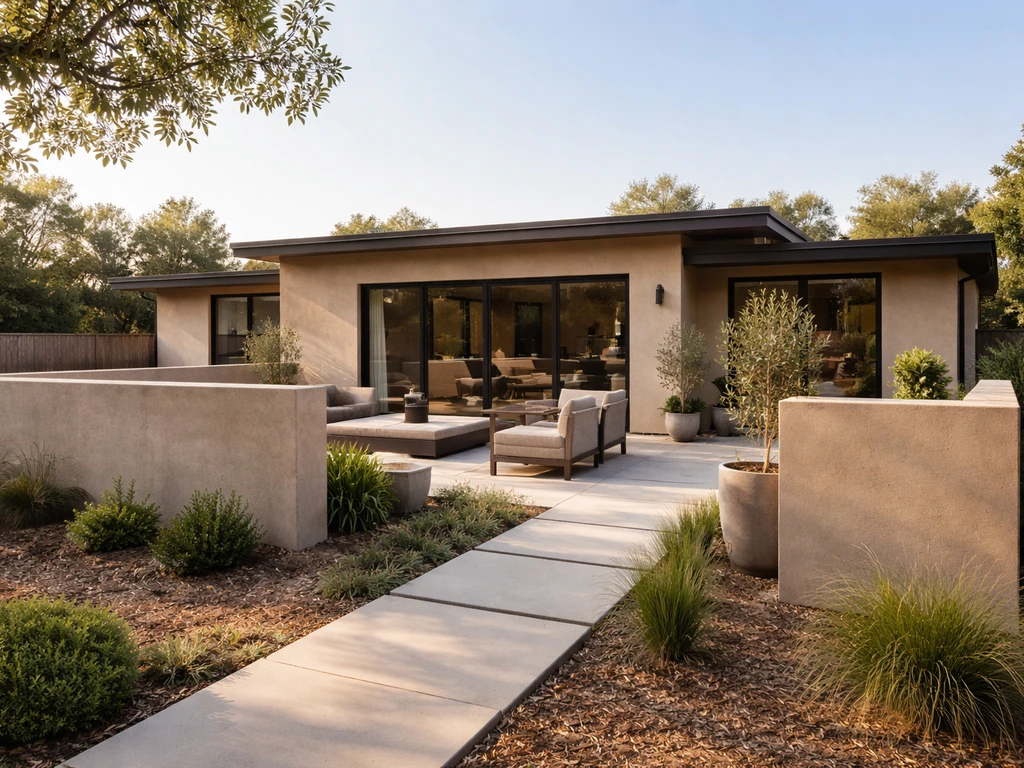 Single-story patio home exterior with a private walled patio space and simple landscaping.