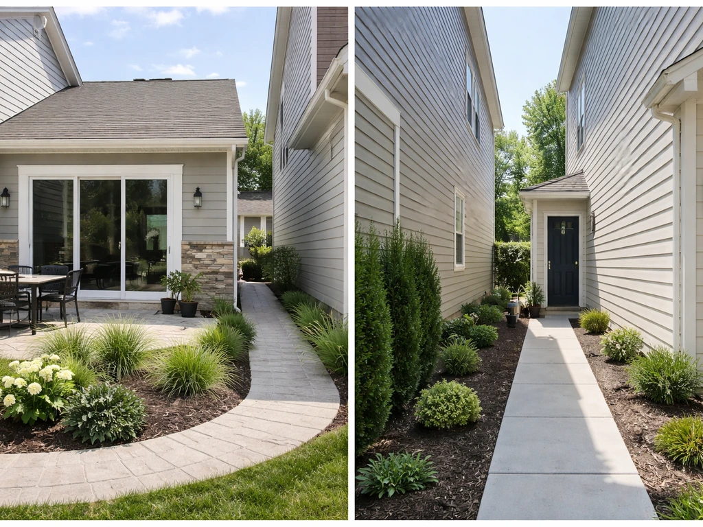 Minimal view of a quiet patio home entrance and a neighboring zero-lot-line house facade side-by-side.