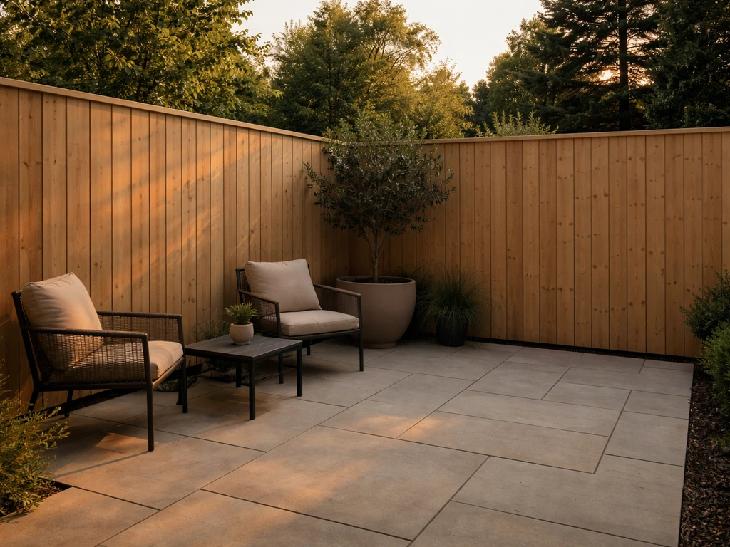 Minimal photo of a private patio enclosed by a tall fence, showing clear boundary from neighboring yard.