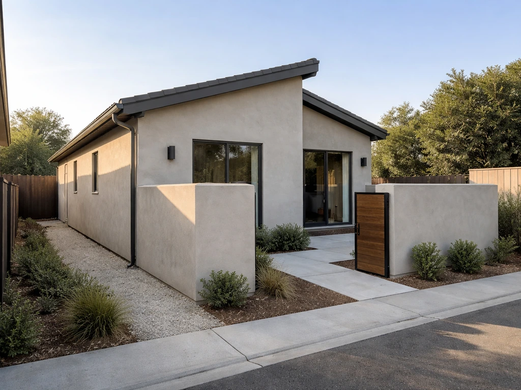 Single-story detached patio home exterior with a walled private patio and side wall near the property line.