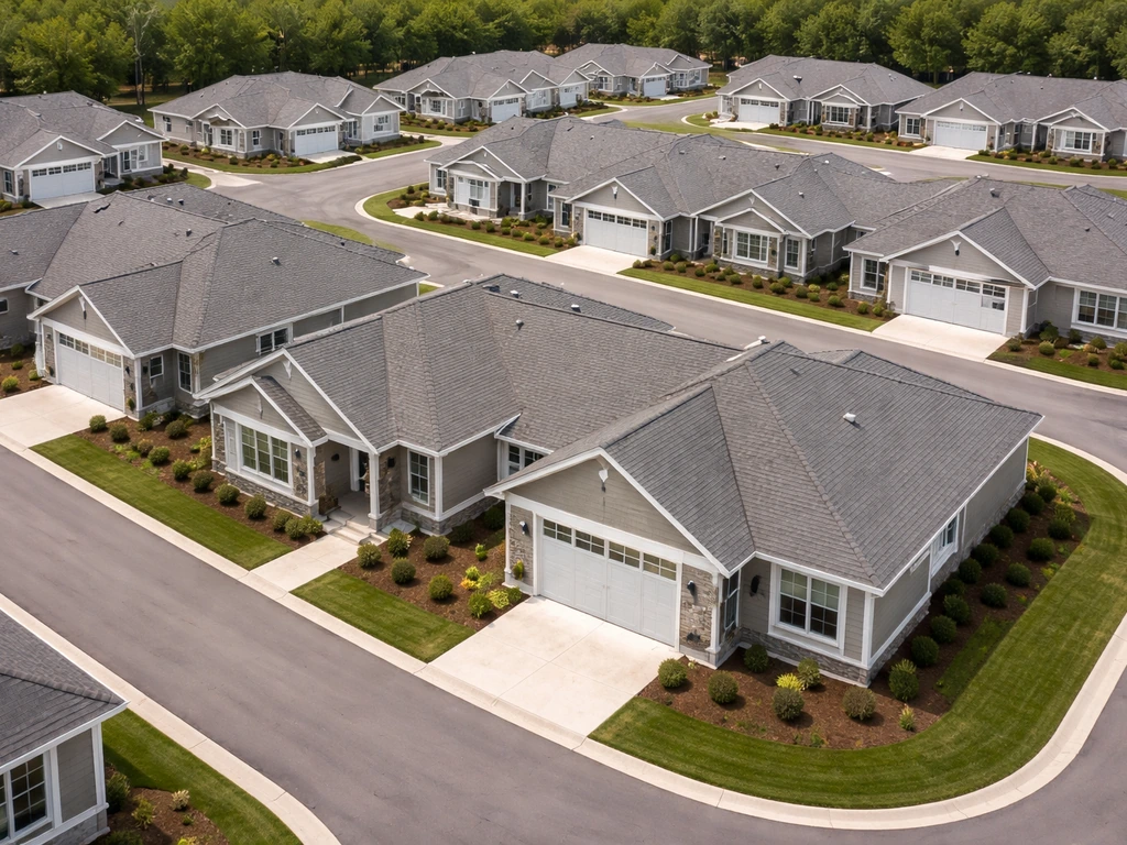 Aerial view of clustered patio homes with matching roofs and siding in a neat subdivision.