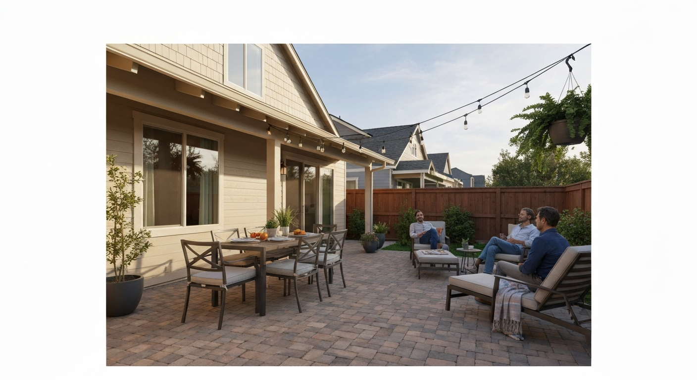 Sunny, comfortable backyard patio with table, lounge chairs, plants and people relaxing.