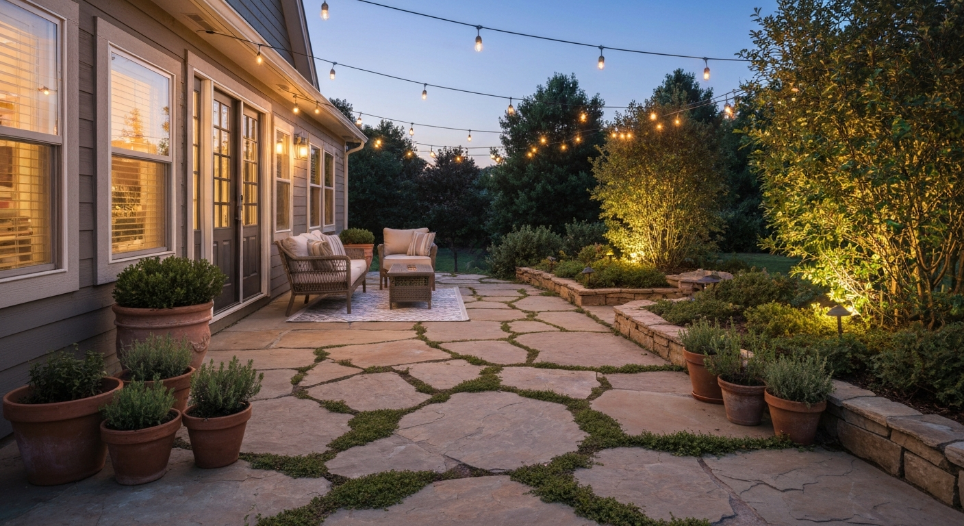 Wide-angle dusk view of a flagstone decorative patio with planted joints, potted herbs, string lights, and seating.