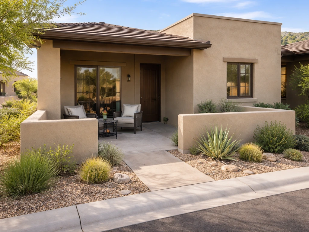 Ground-level Arizona patio home exterior with desert landscaping and a clear entry patio at street angle.