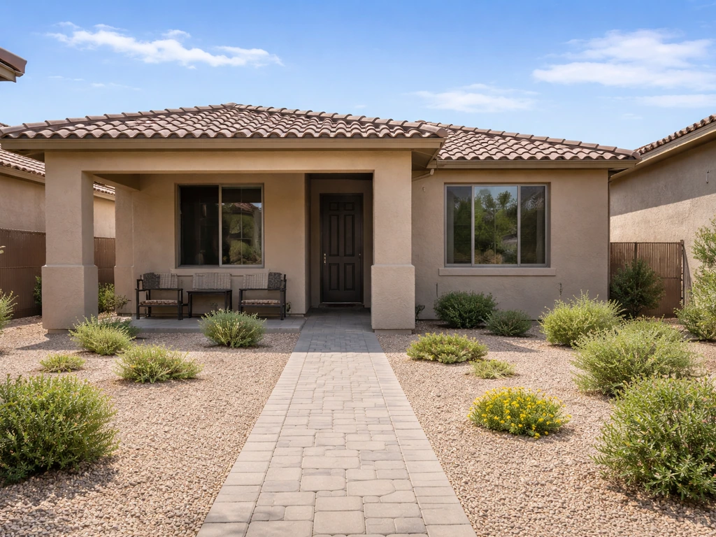 One-story Arizona patio home exterior with covered patio and entry walkway, simple desert landscaping.