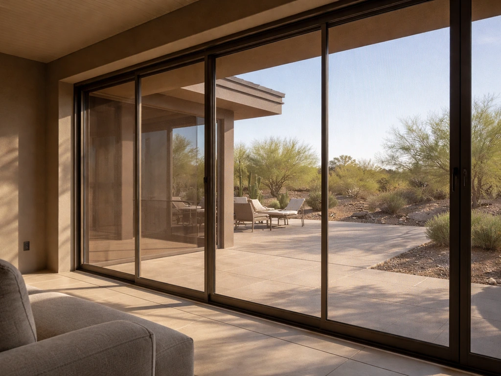 Close view of an enclosed screened Arizona room connecting a living space to a sunlit patio