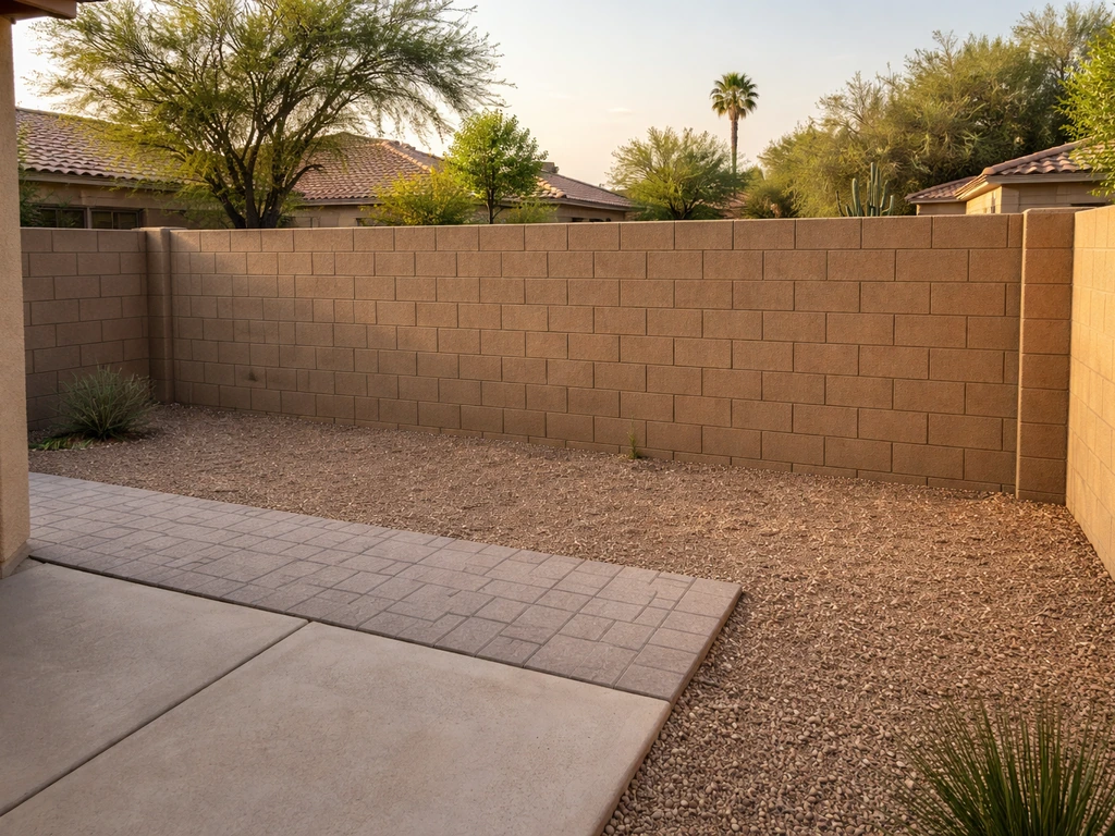 Block-masonry privacy wall along a patio home lot boundary beside neighboring yards in Arizona
