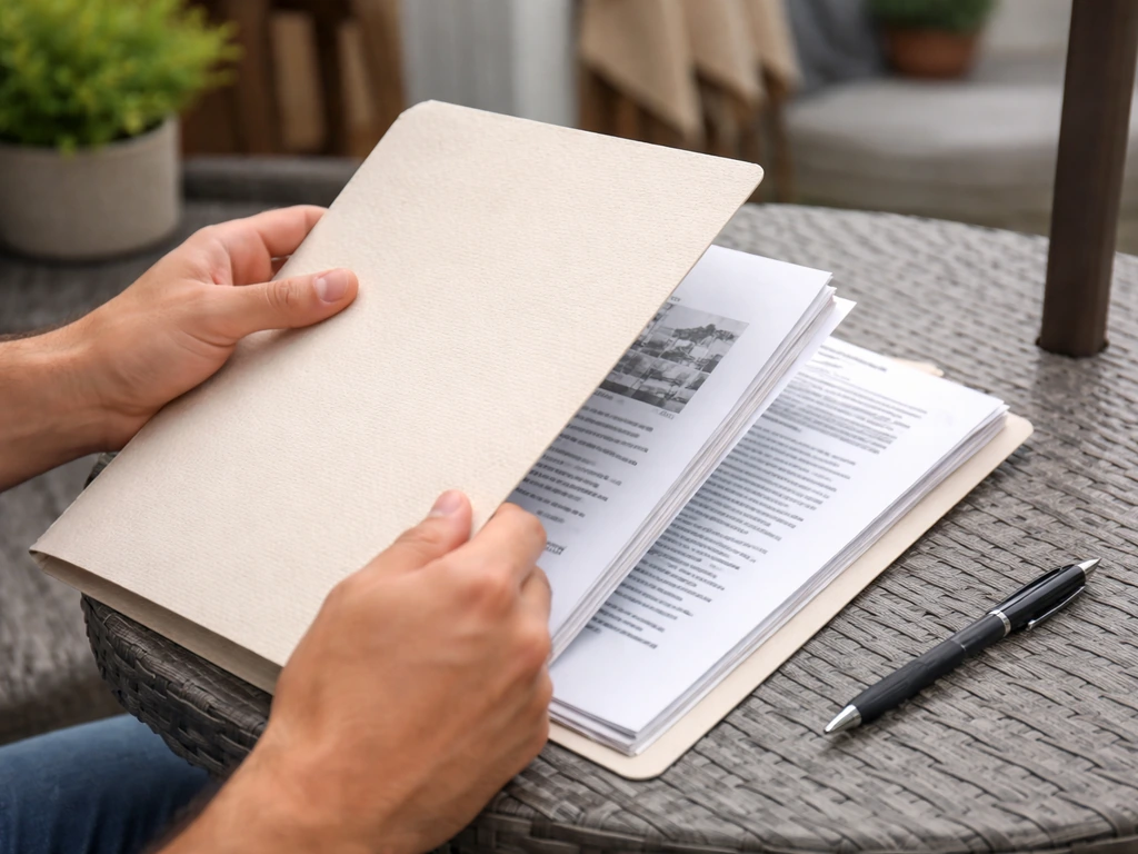 Close-up of hands reviewing generic HOA/CC&Rs papers on a patio table with a pen.