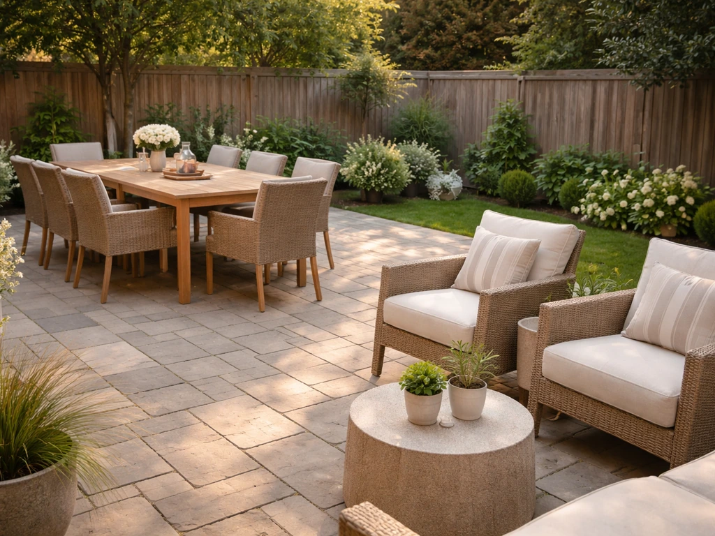 Inviting patio seating arrangement with outdoor table, lounge chairs, cushions, and greenery in natural light.