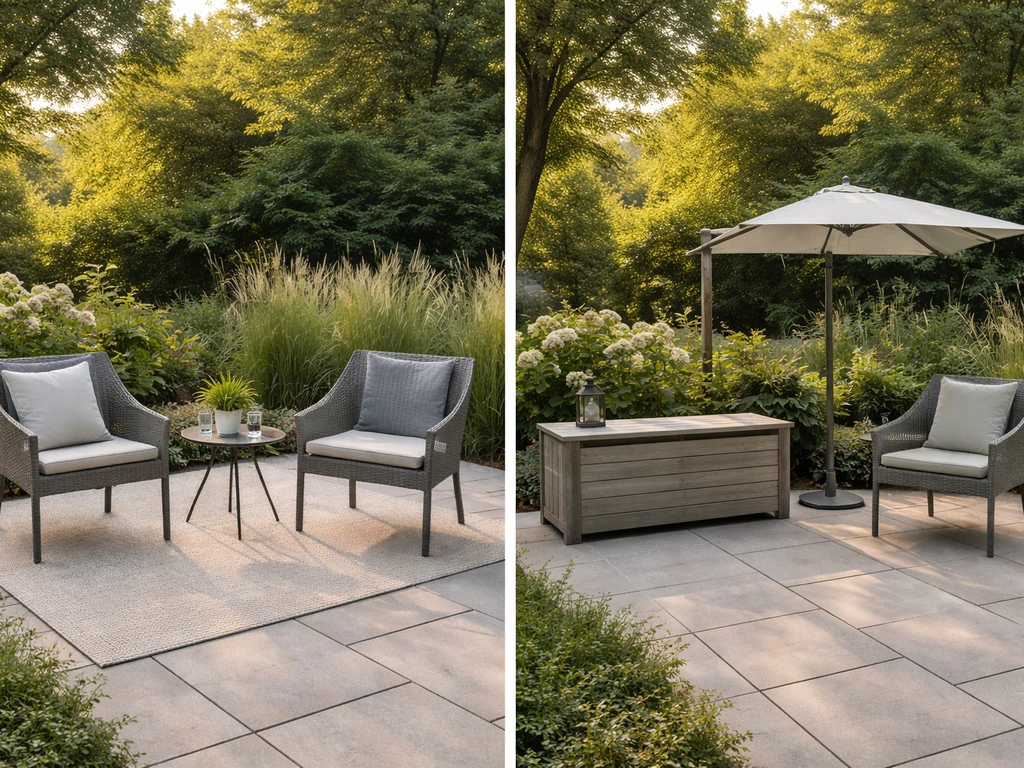 Split patio photo: left shows seating set; right includes storage bench and shade structure with outdoor furniture.