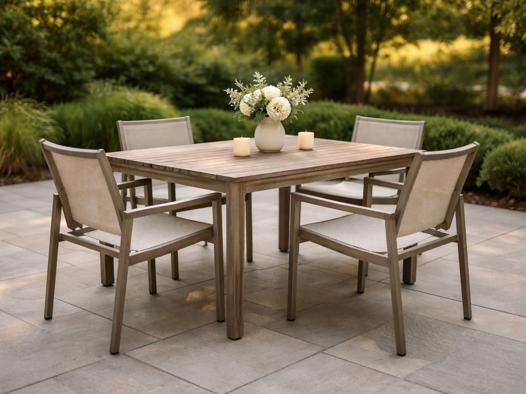 Outdoor patio dining set with a matching table and four chairs arranged for an easy meal