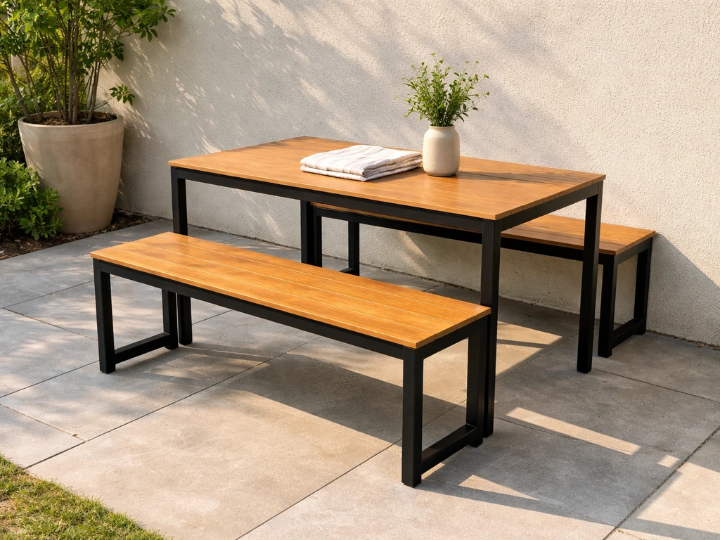 Compact picnic-style bench-and-table set on a patio with benches tucked neatly and no people.