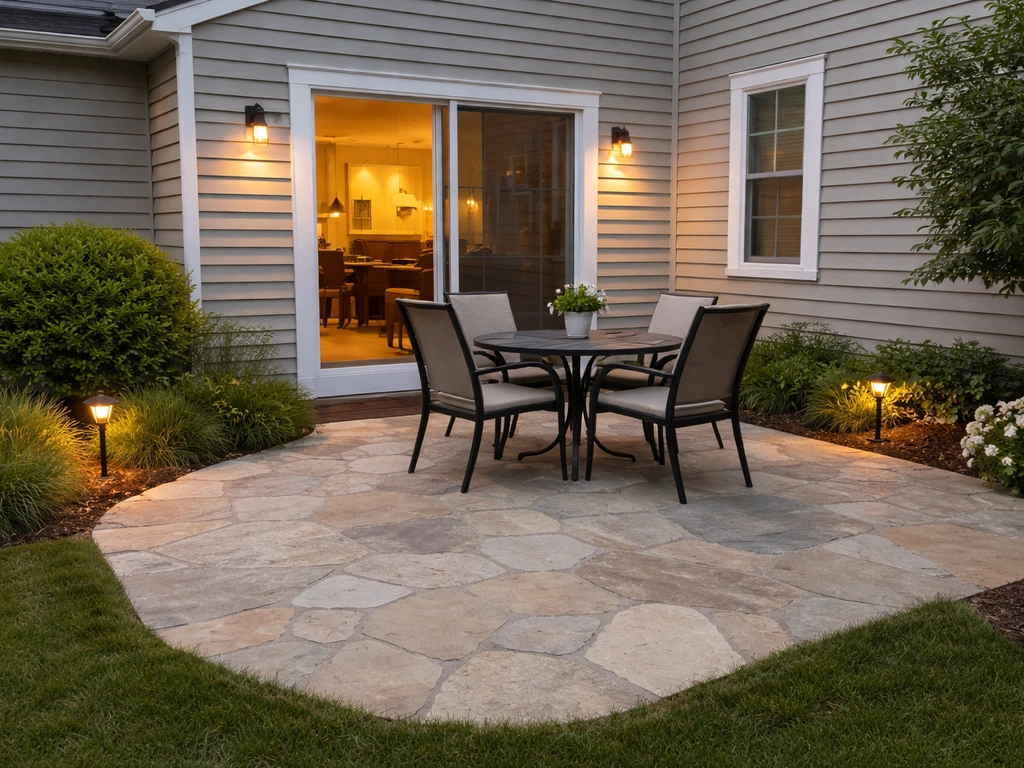 Stone patio with outdoor dining adjoining a home, seen in natural light.