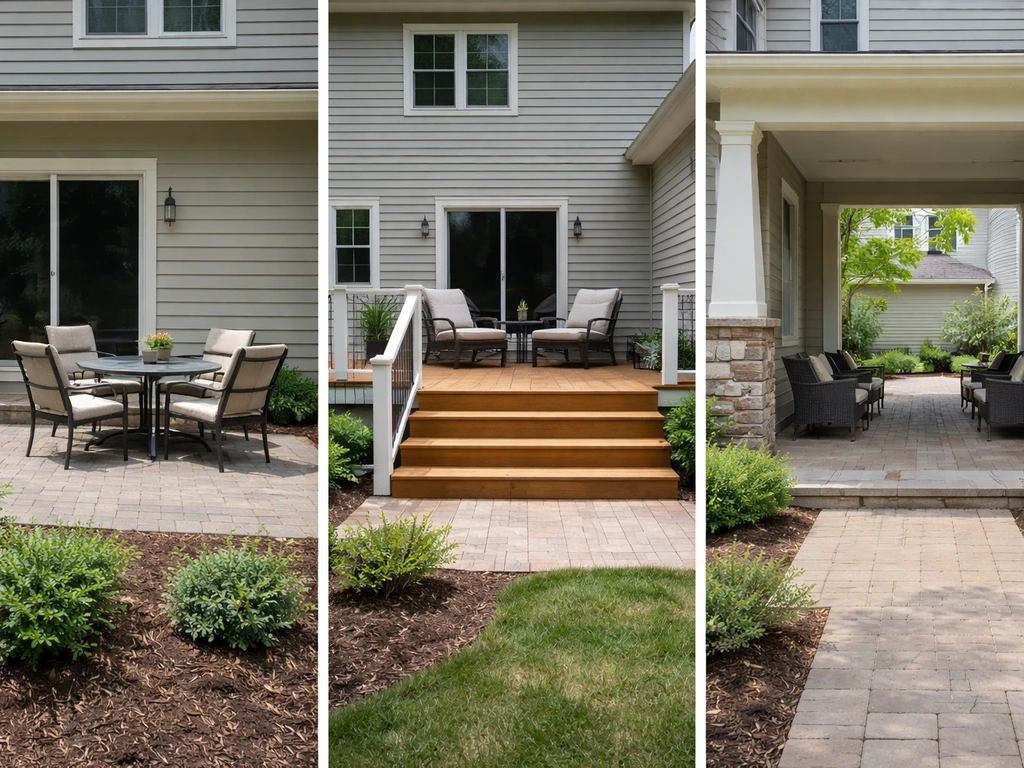 Three adjacent outdoor spaces: ground-level patio by house, raised wooden deck, and porch/courtyard-like entry area.