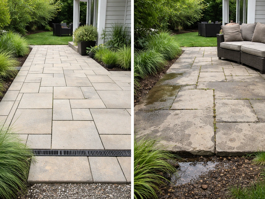 Split view of a pristine patio with good drainage versus a damaged patio with cracks and stains.