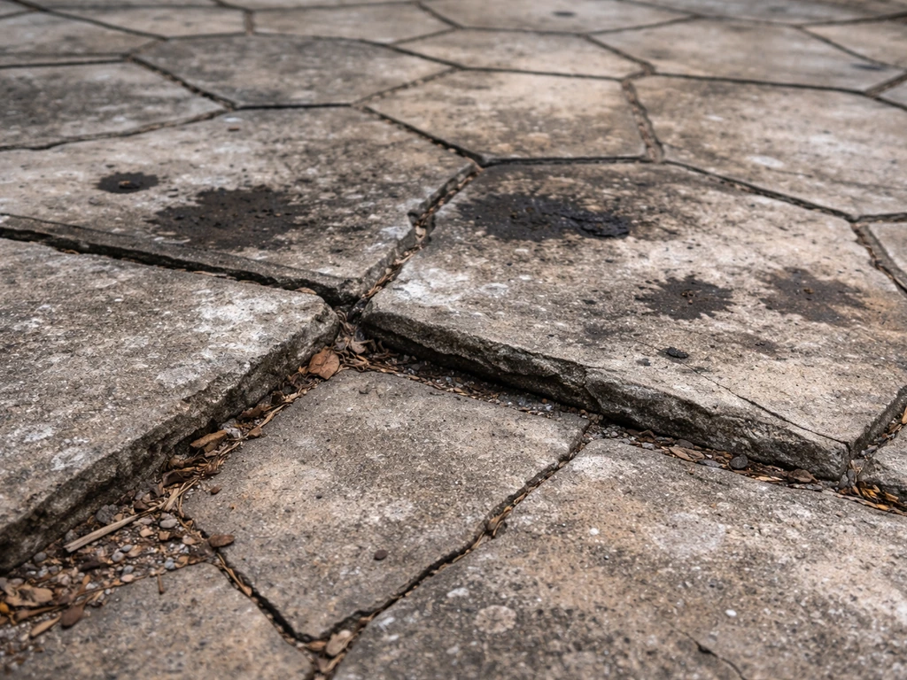 Close-up of a cracked, stained patio with lifted edges and white mineral deposits on the surface.
