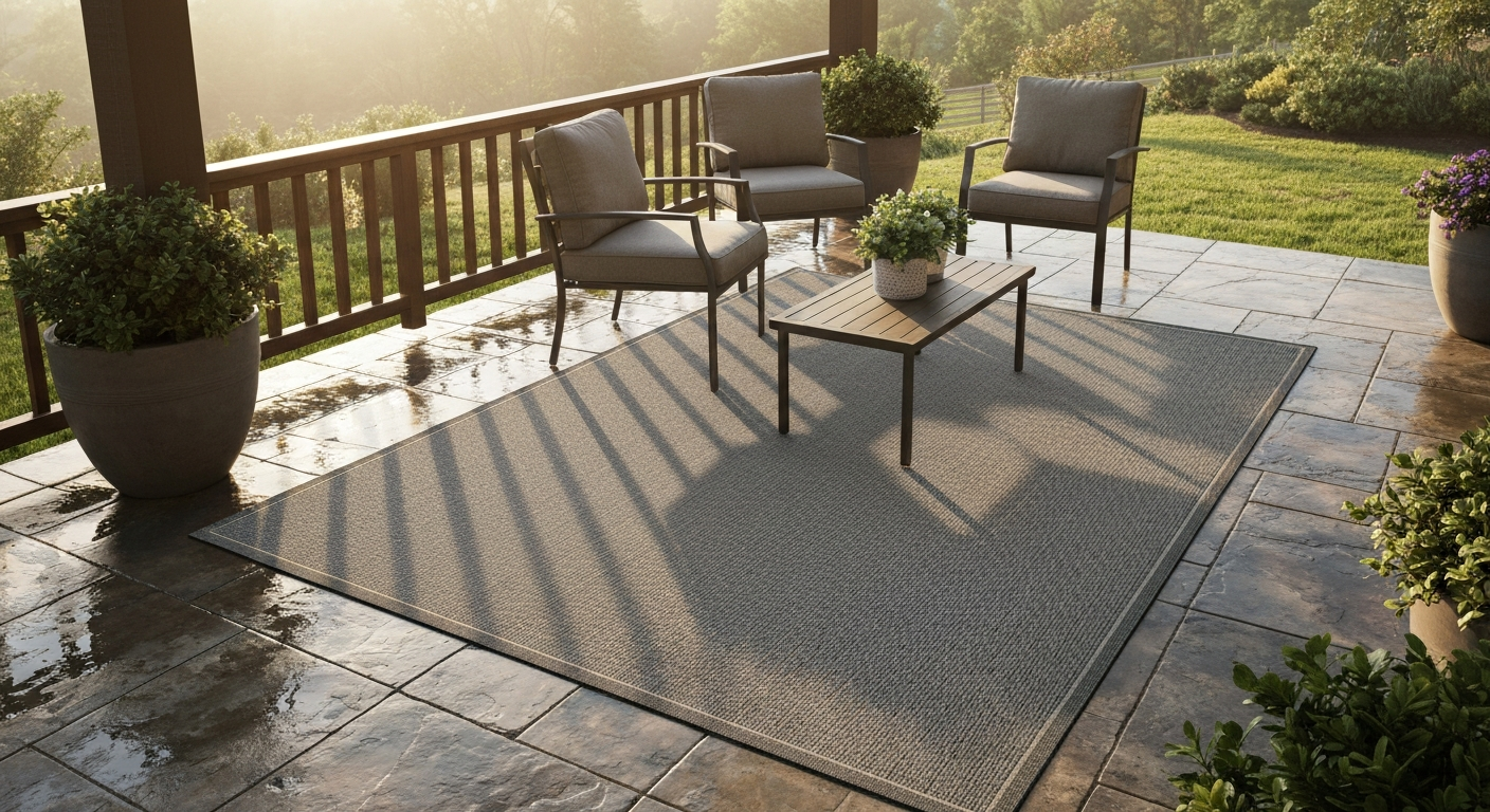 Outdoor patio with a medium-sized weather-resistant patio mat under a seating area; shows mat texture, furniture, and potted plants.