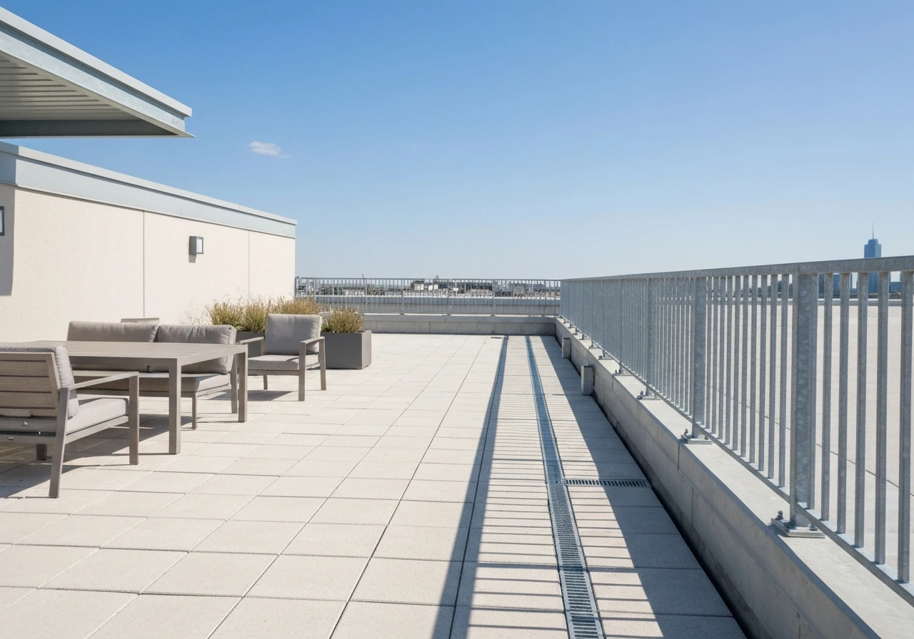 Bright rooftop patio with outdoor furniture, perimeter railing, and visible drainage channels