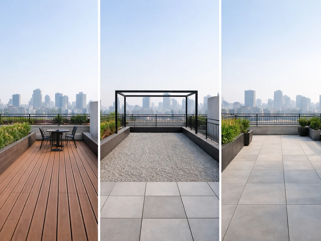 Three adjacent rooftop areas—patio, roof deck, and terrace—showing distinct railings and surfaces.