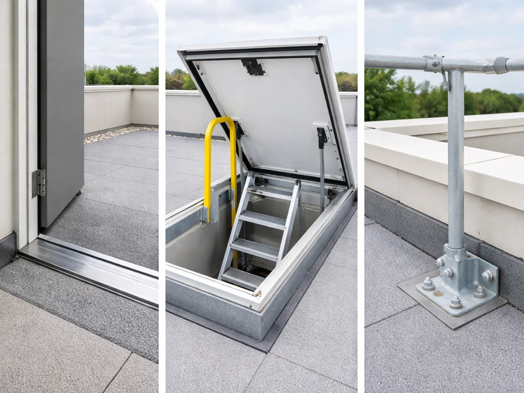 Rooftop patio access details: door threshold, stair hatch, and guardrail connection at the rooftop edge.