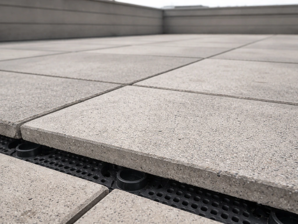 Close-up of rooftop patio pavers and a drainage mat layer beneath the surface